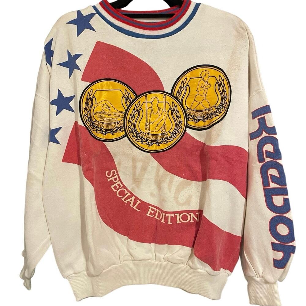 Vintage 90s Reebok Sport USA Flag Olympics Special Edition Crewneck Adult Medium